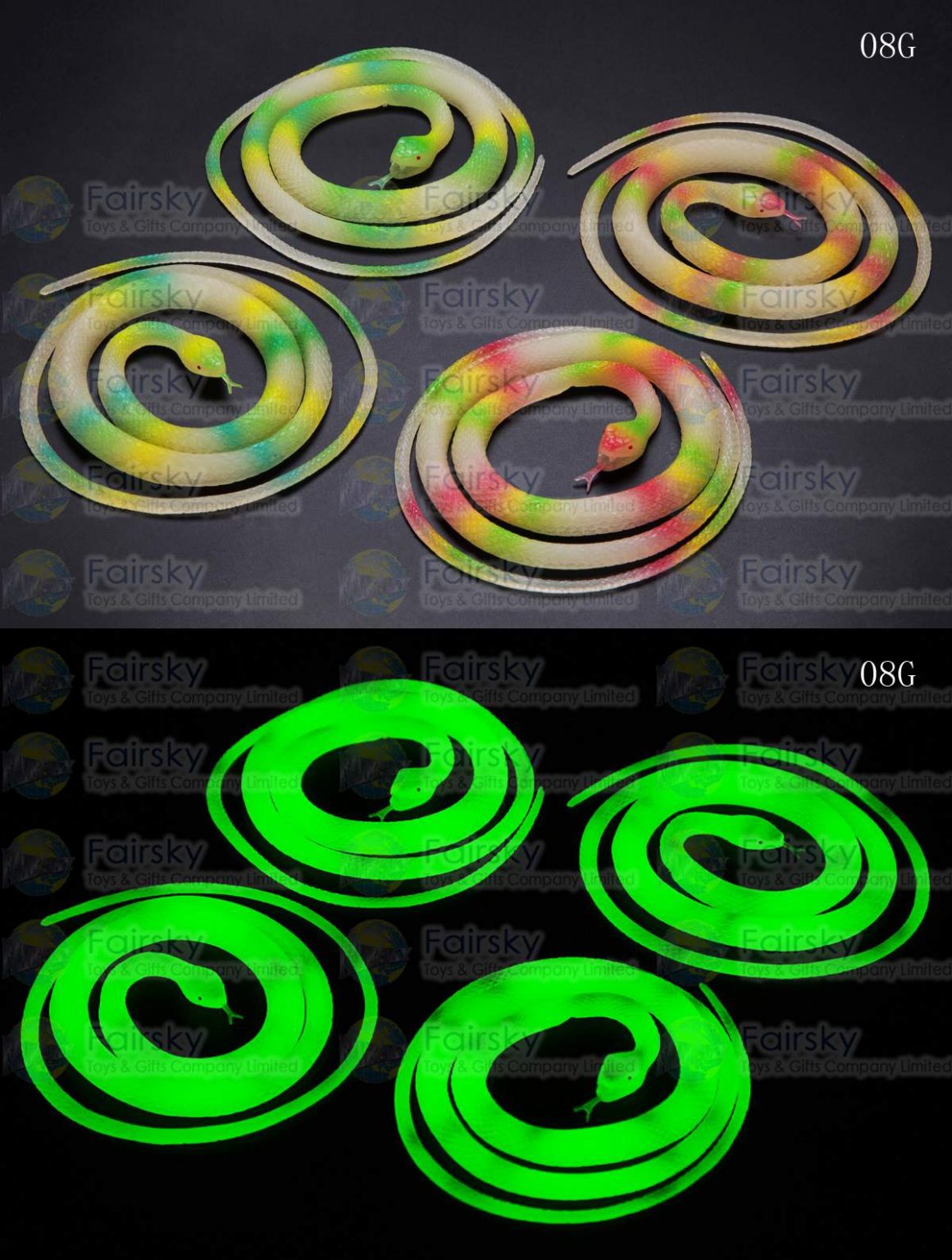 42" GLOW TH THE DARK PVC SNAKE BISCUIT 2 STYLES, 4 COLORS