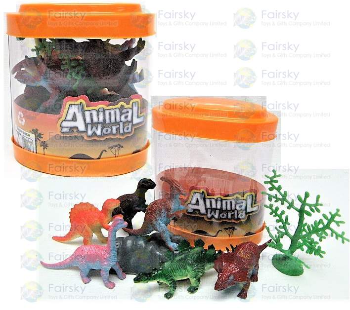 8pcs Dinosaurs with Accessories in Oval Tub
