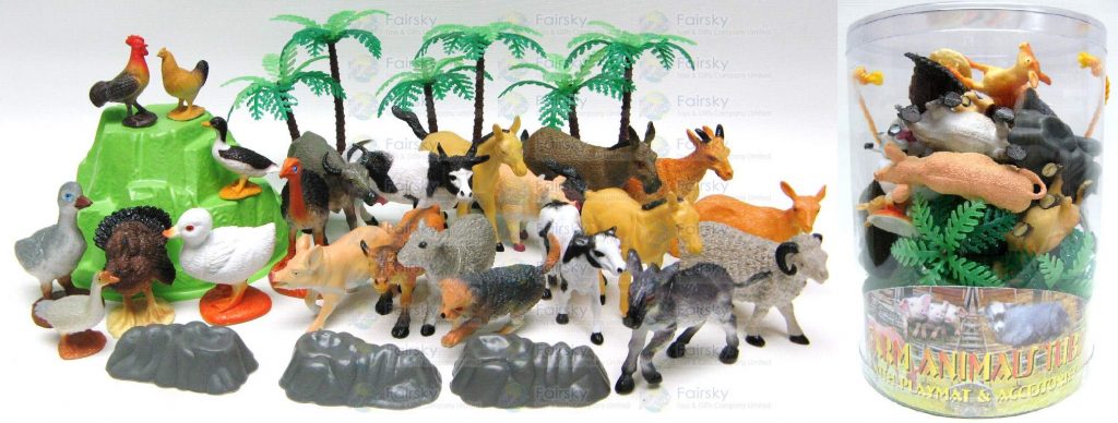 Set of 30pcs 2"-5" Farm animals with accessories in tub