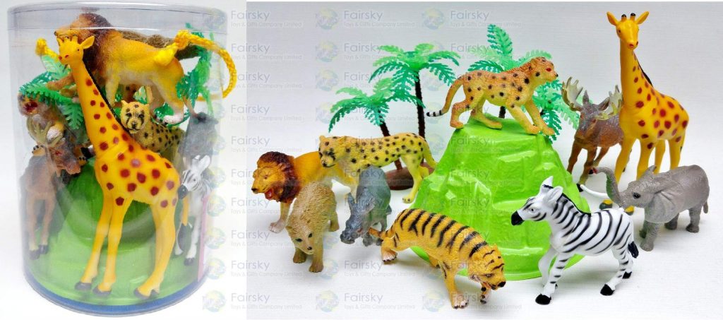 Set of 13pcs Wild animals with accessories in tub