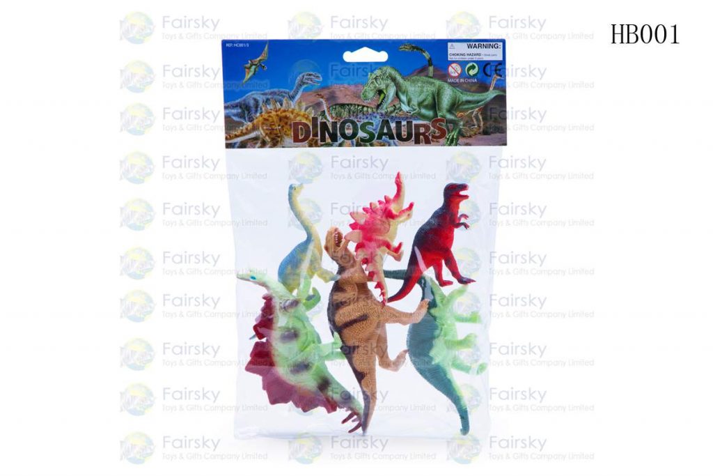 SET OF 6 PCS 3.25"-7" PVC DINOSAURS IN POLYBAG WITH 8"x6" HEADER CARD.
