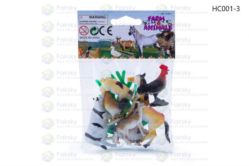 SET OF 9 PCS 2" PVC FARM ANIMALS + TREES IN POLYBAG WITH 4"x4" HEADER CARD.
