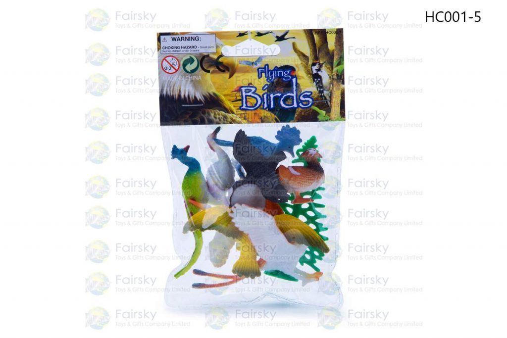 SET OF 9 PCS 1.5"-3" PVC BIRDS + TREE IN POLYBAG WITH 4"x4" HEADER CARD.