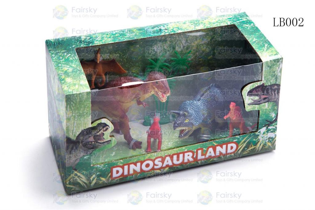 SET OF 6 PCS PVC DINOSAURS + TREE IN 20x9x9.8cm WINDOW BOX