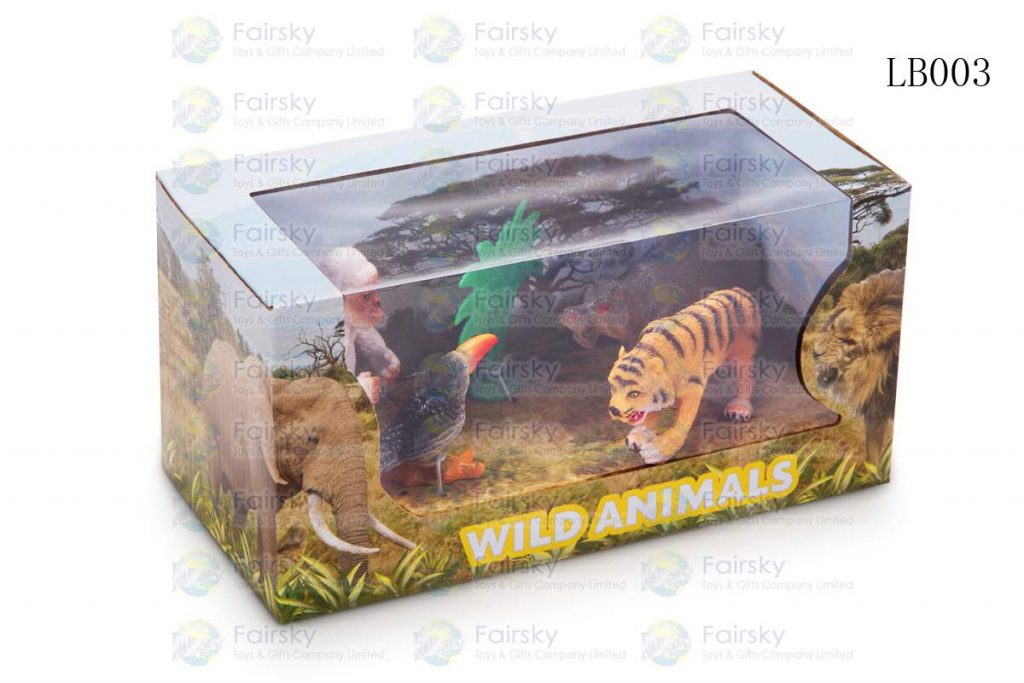 SET OF 5 PCS PVC WILD ANIMALS + TREE IN 20x9x9.8cm WINDOW BOX