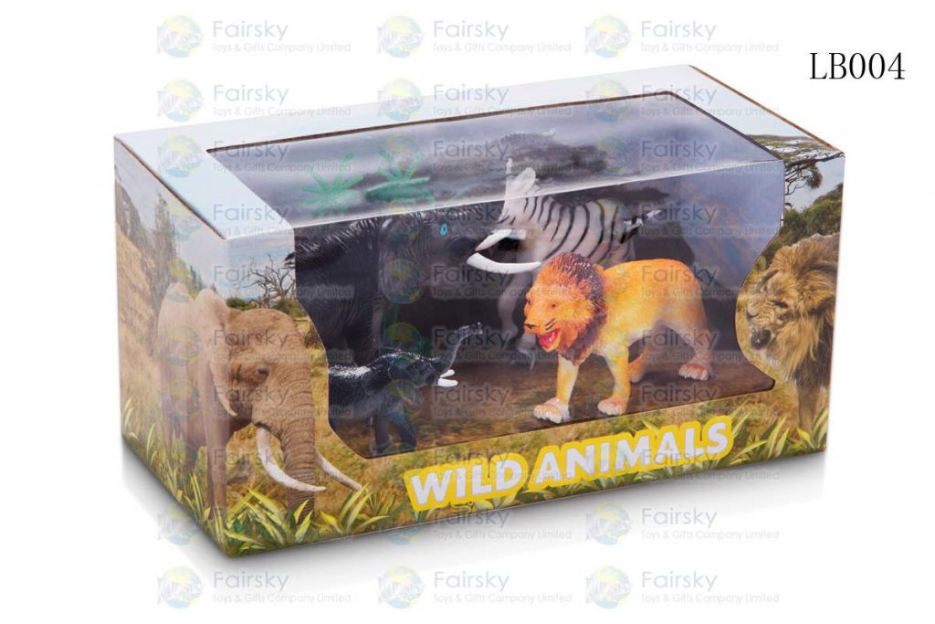SET OF 5 PCS PVC WILD ANIMALS + TREE IN 20x9x9.8cm WINDOW BOX