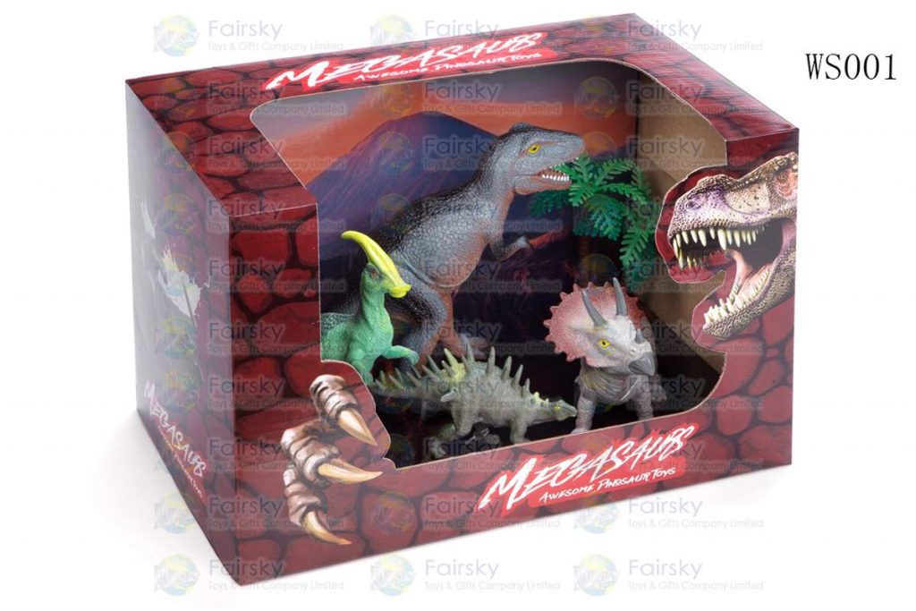 SET OF 5 PCS PVC DINOSAURS + TREE IN 12"x7.5"x7.5" OPEN TOUCH BOX