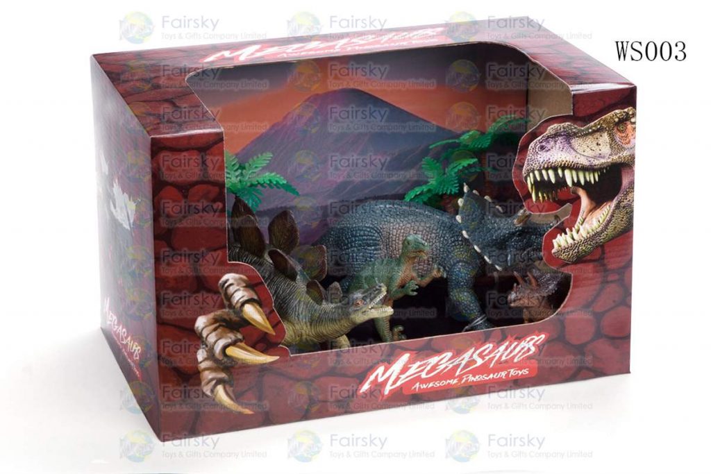 SET OF 6 PCS PVC DINOSAURS + TREES IN 12"x7.5"x7.5" OPEN TOUCH BOX